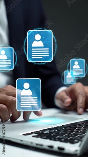 Professional Person Managing Digital Employee Profiles and Resumes on Laptop in Human Resources Concept
