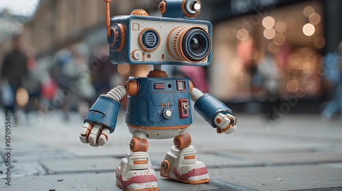 Wallpaper Mural Playful Robot Toy with Camera Head Strolling in Urban Setting with ai generated Torontodigital.ca