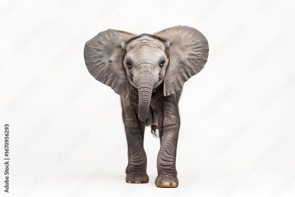 Fototapeta premium Curious baby elephant walking toward camera, white studio background.