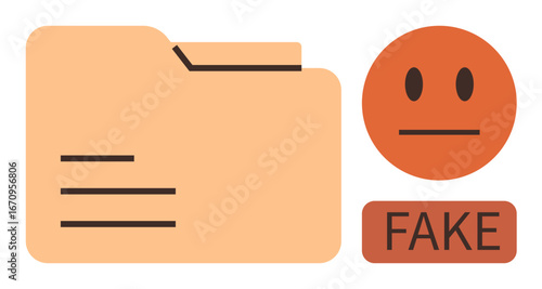 File folder alongside a warning face and fake label, emphasizing document fraud or forgery. Ideal for fraud detection, alerts, scams, misinformation, security, compliance, simple flat metaphor