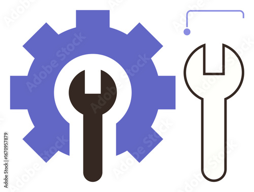 Gear with centered wrench and outlined wrench for innovation, repair. Ideal for technology, engineering, repair, improvement, maintenance, mechanics, and simple flat metaphor