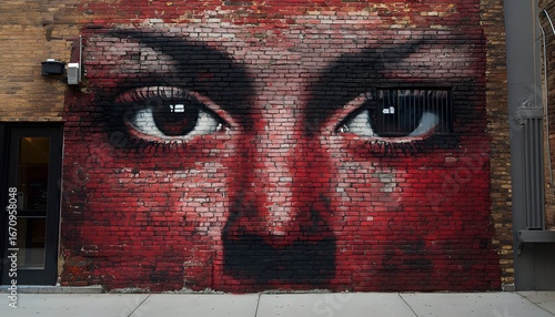 A large mural depicting a woman's eyes is painted on an exterior brick wall, partially covering a window and door.