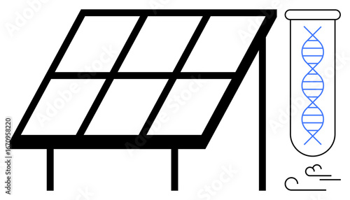 Solar panel beside test tube with DNA helix and airflow lines. Ideal for sustainability, biotechnology, green energy, laboratory research, innovation, environmental science, genetic study. Simple