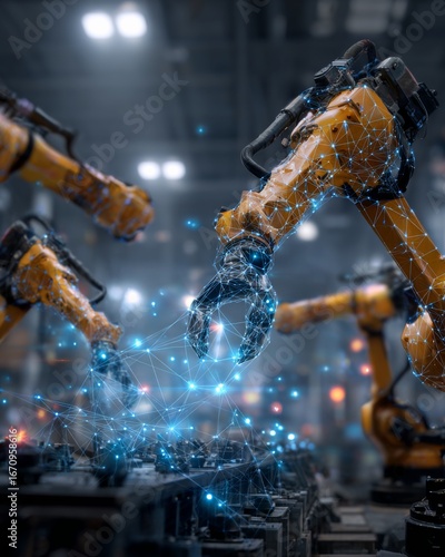 Industrial robotic arms assembling products with glowing holographic overlay