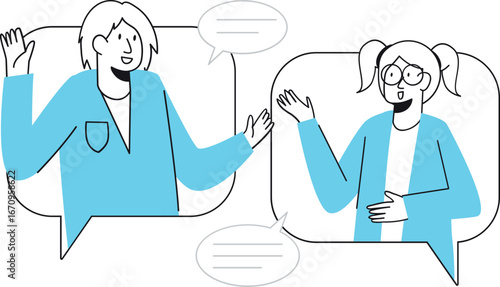 Friendly Online Conversation: Two Women Chatting, Minimalist Line Art Style, Positive Mood