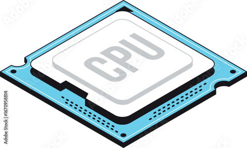 Isometric Illustration: Modern Light Blue CPU Microprocessor, Clean Design, Technology Concept