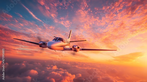 A small twin-engine aircraft soars directly towards the viewer amidst a vibrant sunset, capturing a sense of freedom and adventure in the expansive sky.