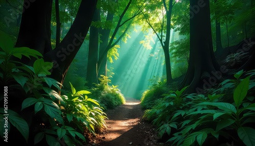 Wallpaper Mural Pathway through a dense forest with sunlight streaming through the trees and lush green foliage around Torontodigital.ca