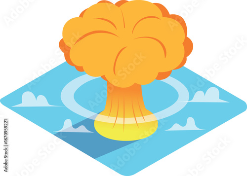 Isometric Cartoon Nuclear Explosion Illustration: Bright Orange, Blue Water, Flat Design Style