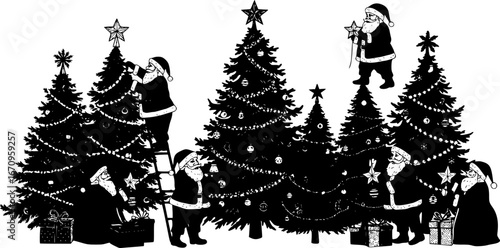 Collection of santa claus figures decorating christmas trees and holding stars in black and white style | editable eps vectors silhouette
