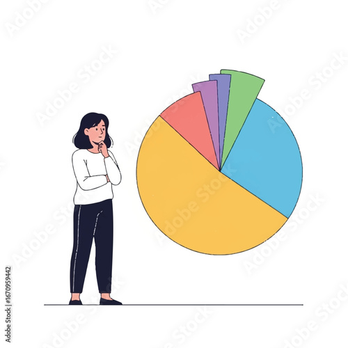 An illustration of a woman in front of a colorful pie chart appearing thoughtful or inquisitive