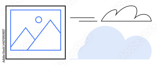 Image with mountains, sun inside a framed device, linked to a cloud. Ideal for data storage, cloud computing, digital access, backup, technology, remote storage simple flat metaphor