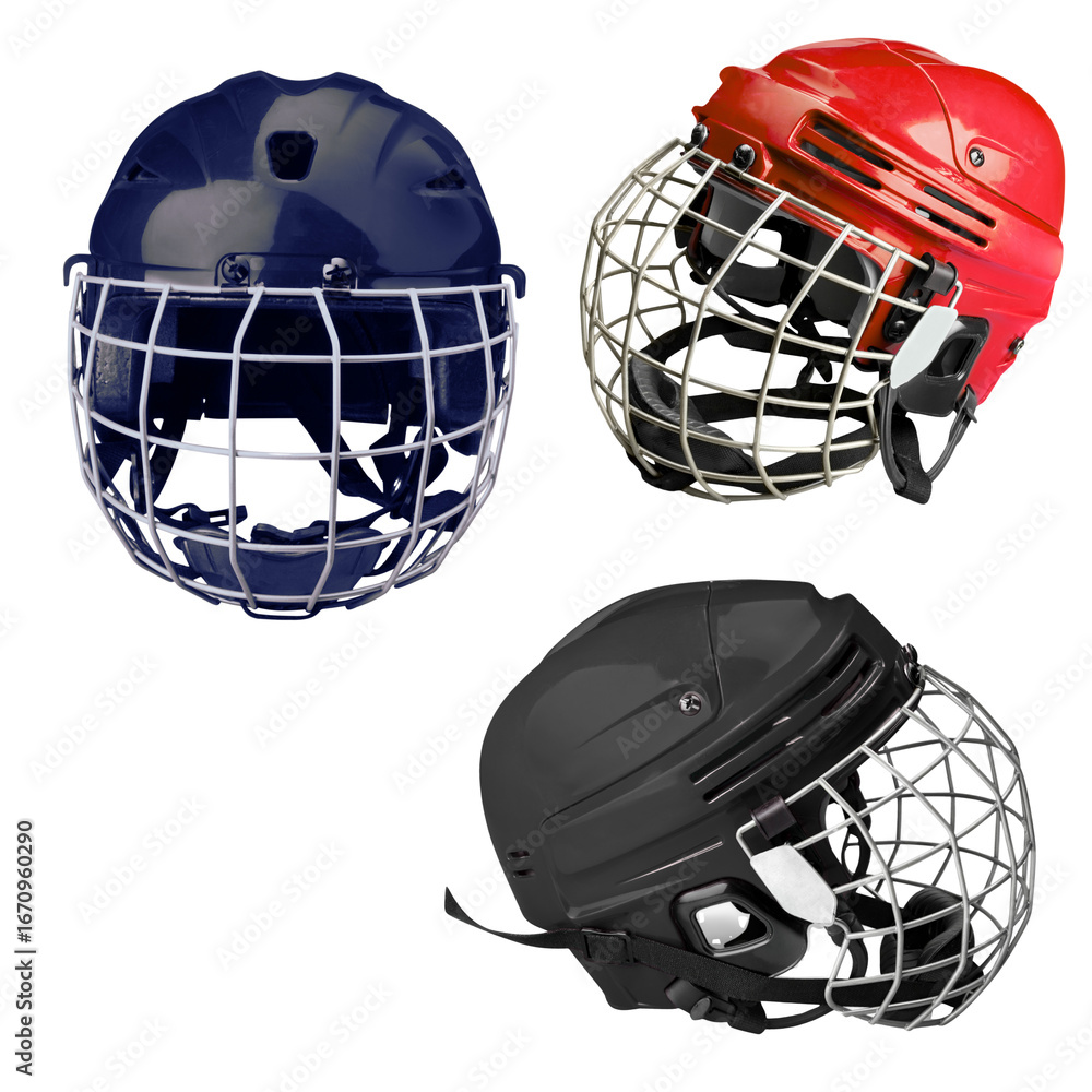 Naklejka premium Ice hockey helmets with protective cage in red, blue, and black, winter sports safety equipment isolated on transparent background