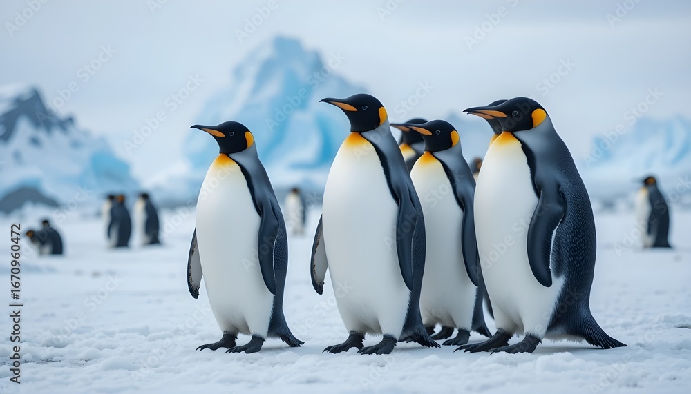 Obraz premium Group of penguins standing together on icy landscape, Antarctica wildlife 