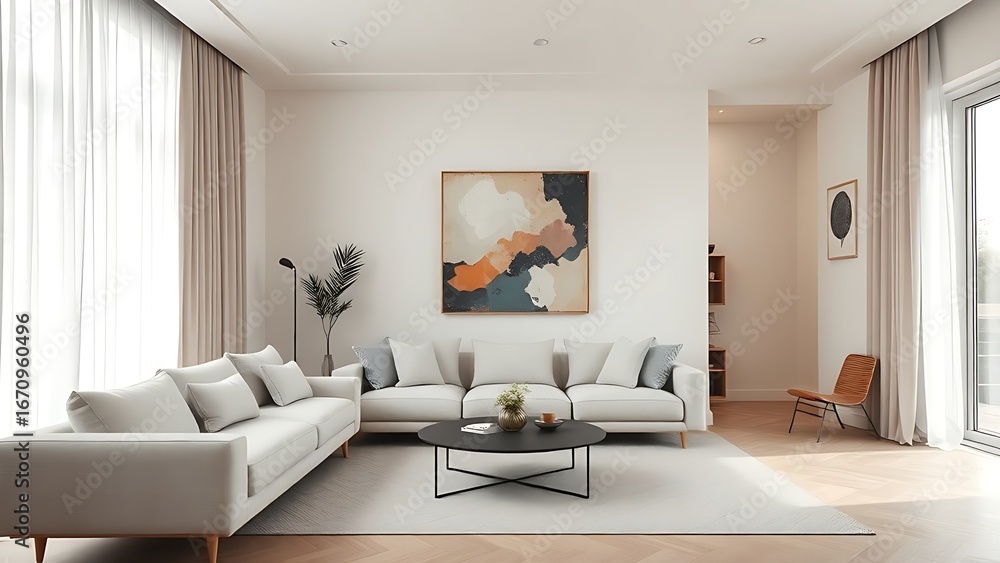 Fototapeta premium Scandinavian-inspired living space with neutral tones and abstract art, radiating modern comfort.