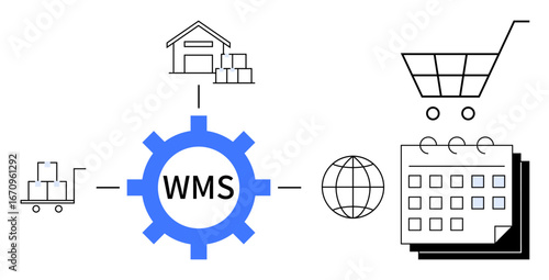 Gear labeled WMS connected to warehouse, stockpile, cart, trolley, globe, and calendar. Ideal for logistics, ecommerce, supply chain inventory tracking workflow optimization scheduling simple