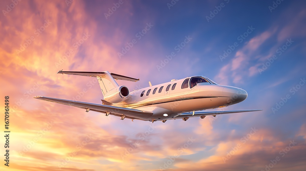 Obraz premium A sleek private jet soars through a vibrant sky, bathed in the warm hues of sunset, evoking a sense of freedom and aspiration, captured with dramatic lighting.