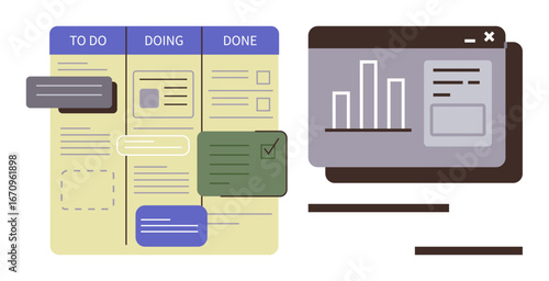 Task board with to-do, doing, and done columns alongside data visualization dashboard. Ideal for workflow management, project planning, productivity, data analysis, collaboration, organization