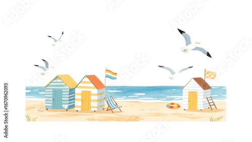 beach houses with symbols of hobbies and leisure on coast sea, ocean or lake.