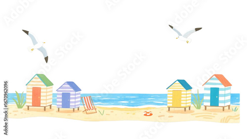 beach houses with symbols of hobbies and leisure on coast sea, ocean or lake.