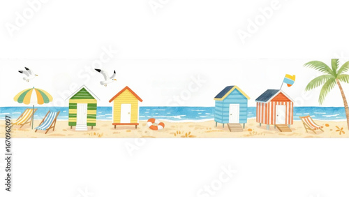 beach houses with symbols of hobbies and leisure on coast sea, ocean or lake.