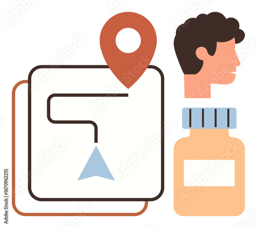 Map navigation route with red location pin, human profile, and medicine jar. Ideal for health tech, navigation aid, healthcare, pharmaceutical delivery, logistics telemedicine connection. Simple