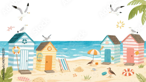 beach houses with symbols of hobbies and leisure on coast sea, ocean or lake.