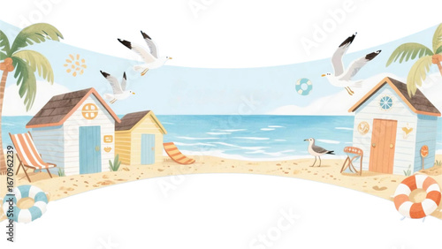 beach houses with symbols of hobbies and leisure on coast sea, ocean or lake.