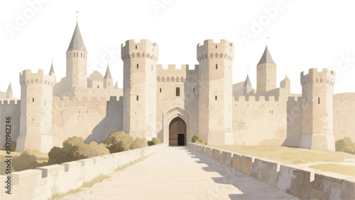 Castle with central gate and different towers, big fortress. 