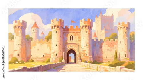 Castle with central gate and different towers, big fortress. 