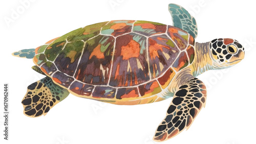 Turtle floating, colorful watercolor vector illustration. Ocean wildlife, isolated illustration on white background.
