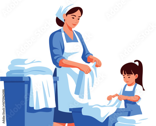 Woman and girl doing laundry hand washing clothes at home daily household chores domestic lifestyle vector illustration