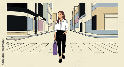 Woman walking in city street holding purple shopping bag casual urban lifestyle scene vector illustration
