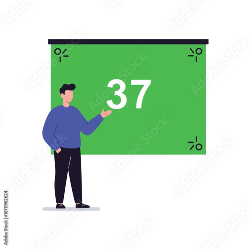 A person presents professionally in a 2D flat vector illustration, standing before a virtual greenscreen background with minimalist style, clean lines, and solid colors, isolated on white.