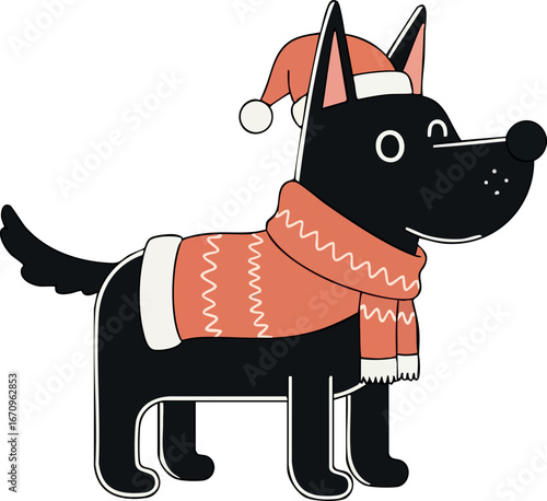 Black dog wearing orange winter scarf and santa hat festive holiday vector illustration