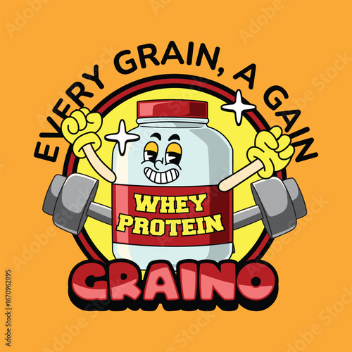 Energetic whey protein mascot jumping with joy, wearing gloves and boots illustration	