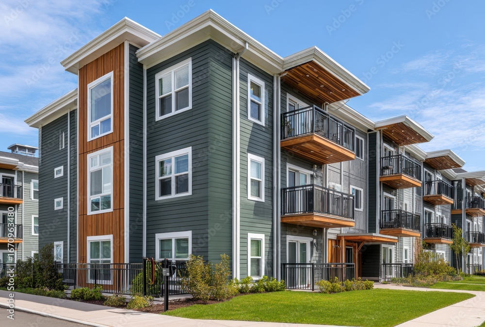 Fototapeta premium Modern multi-story residential building with balconies, large , and landscaped surroundings