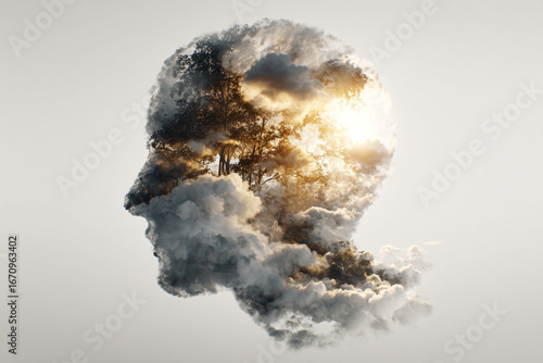 An abstract and surreal image of a human head silhouette, with a brilliant, glowing inner light that symbolizes thoughts or consciousness