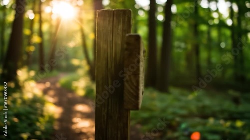 Directional wooden signpost guiding through forest trail under bright sunlight