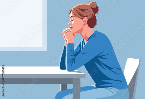 Woman sitting at table deep in thought focused expression vector illustration in blue blouse and casual hairstyle