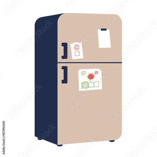 Vector of kids’ artwork on fridge, minimalist home scene on transparent background, illustration for parenting content, educational resources, family-themed visuals