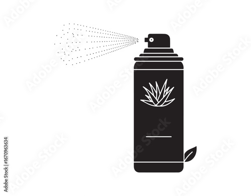Aloe vera emergency spray icon in black. Vegan aerosol cosmetic. Essence of natural flowers. Herbal medical liquid in a bottle. Silhouette symbol.