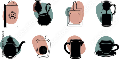 Coffee and Tea Vector Icons with Pitcher Cup and Teapot Design in Black and Brown Colors