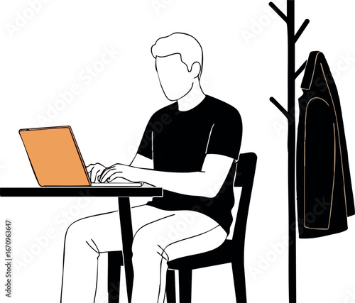 Man working on laptop at table with coat rack and jacket in minimal vector style