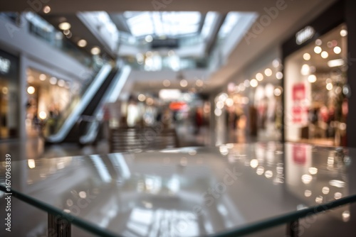 Wallpaper Mural Glass tabletop in focus with blurred shopping mall background Torontodigital.ca