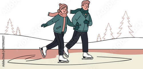 Couple ice skating outdoors in winter park with pine trees scenic background vector illustration