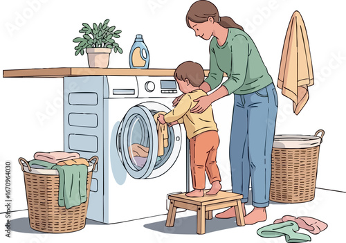 Mother and child doing laundry together in home kitchen helping with washing machine daily household chores parenting moment