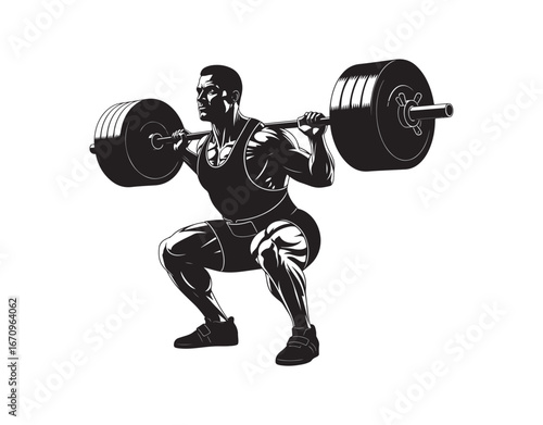 A powerlifter is doing a squat with a barbell resting on their shoulders. It's a black silhouette against a white background.
