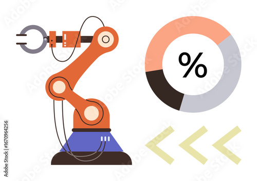 Robotic arm with mechanical clamps beside a segmented chart and percentage graphic. Ideal for technology, automation, data processing, engineering, machine learning, manufacturing, efficiency