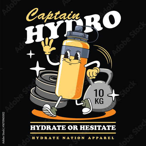 Cute cartoon yellow sport bottle character walking cheerfully with gloves, sneakers, and a happy face illustration
